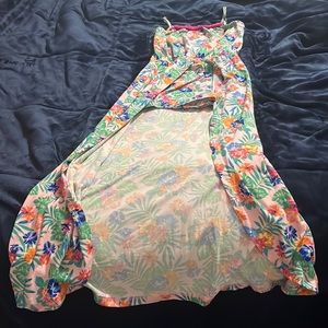 Summer short romper set . Pink with tropical floral design.